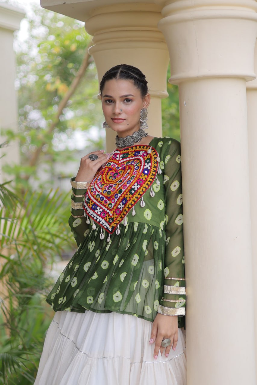 Charvi Green Kora Cotton Bandhni Kutchi Gamthi Lehenga