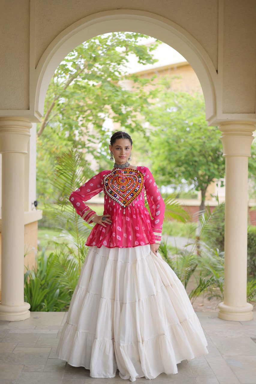 Charvi Pink Kora Cotton Bandhni Kutchi Gamthi Lehenga