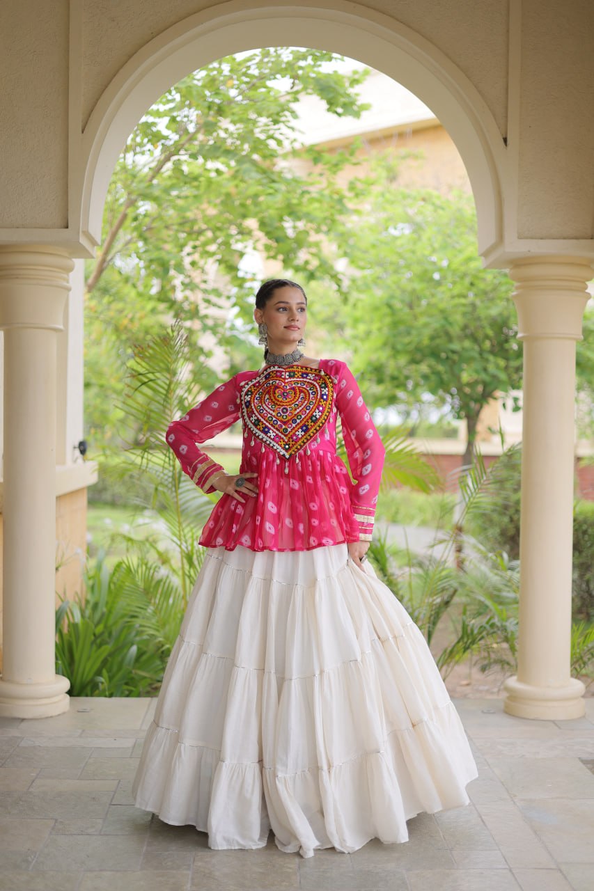 Charvi Pink Kora Cotton Bandhni Kutchi Gamthi Lehenga