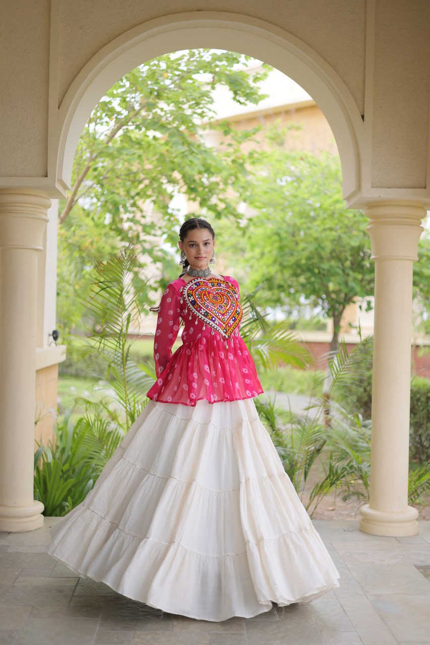 Charvi Pink Kora Cotton Bandhni Kutchi Gamthi Lehenga