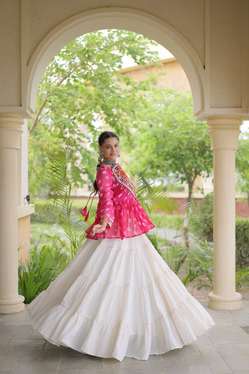 Charvi Pink Kora Cotton Bandhni Kutchi Gamthi Lehenga