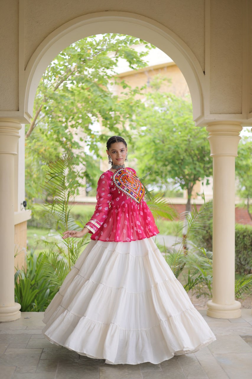 Charvi Pink Kora Cotton Bandhni Kutchi Gamthi Lehenga
