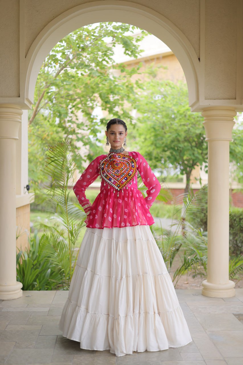 Charvi Pink Kora Cotton Bandhni Kutchi Gamthi Lehenga