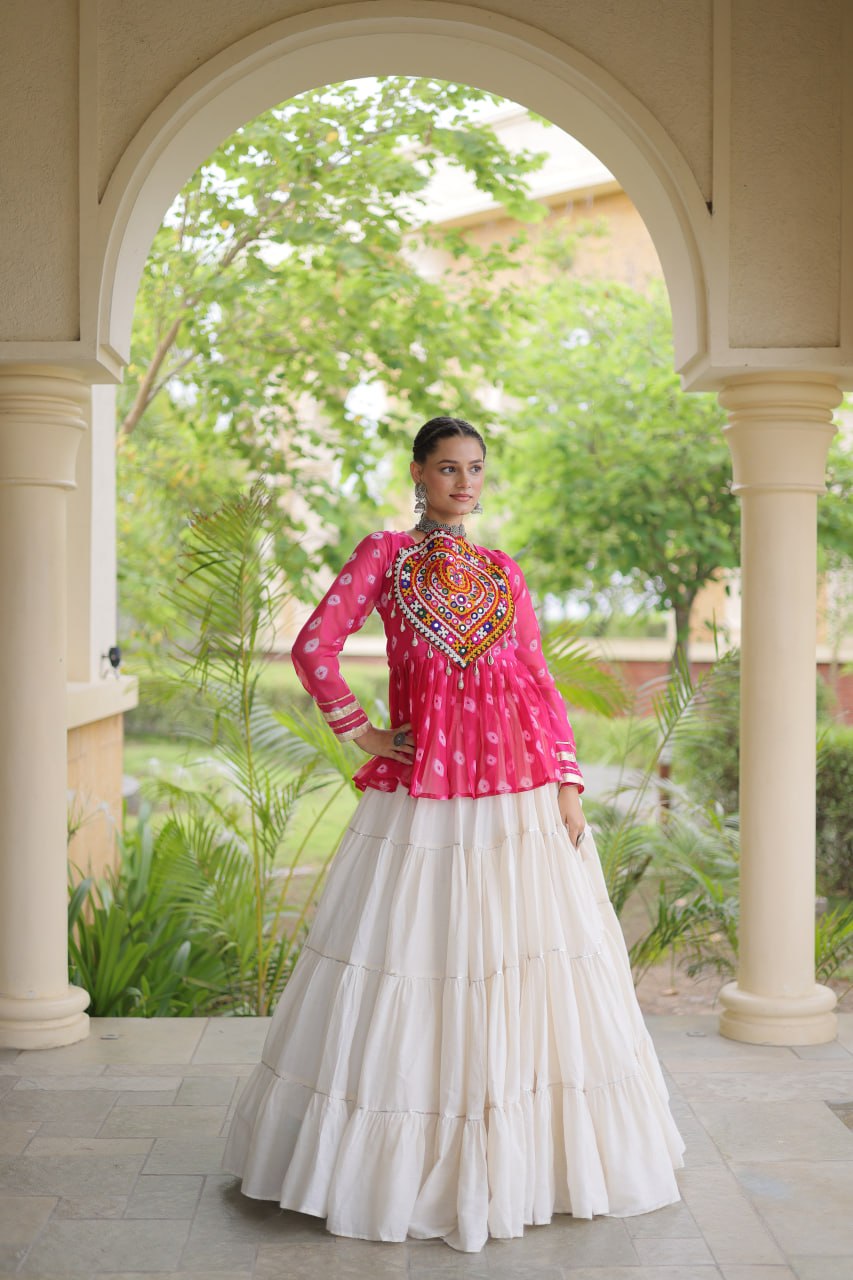 Charvi Pink Kora Cotton Bandhni Kutchi Gamthi Lehenga