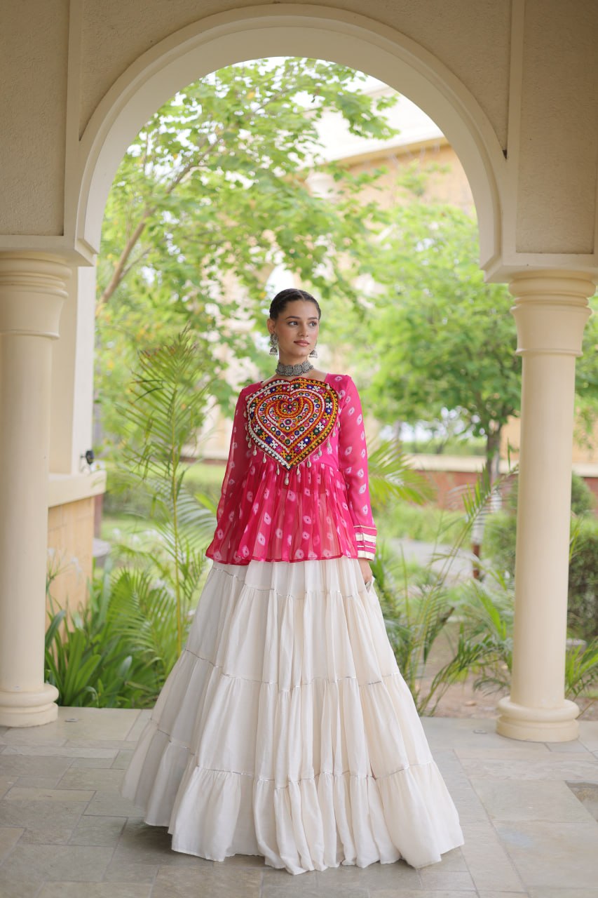 Charvi Pink Kora Cotton Bandhni Kutchi Gamthi Lehenga