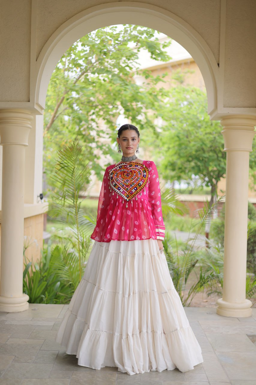 Charvi Pink Kora Cotton Bandhni Kutchi Gamthi Lehenga