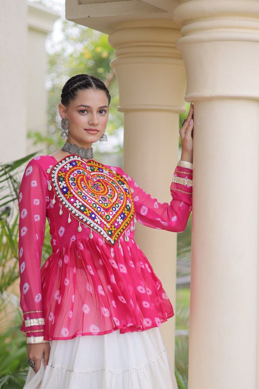 Charvi Pink Kora Cotton Bandhni Kutchi Gamthi Lehenga