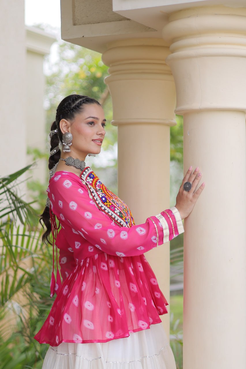 Charvi Pink Kora Cotton Bandhni Kutchi Gamthi Lehenga