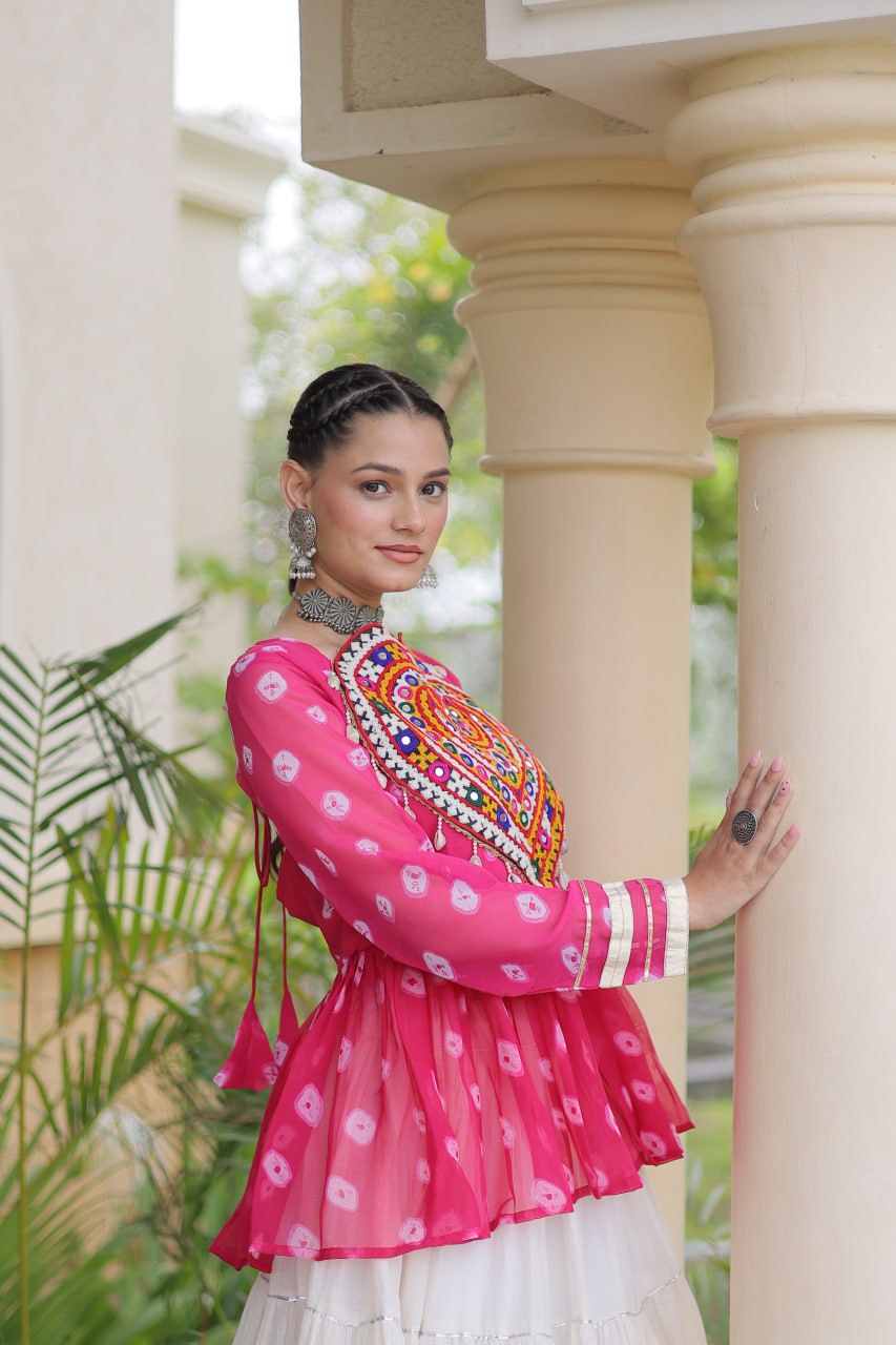 Charvi Pink Kora Cotton Bandhni Kutchi Gamthi Lehenga