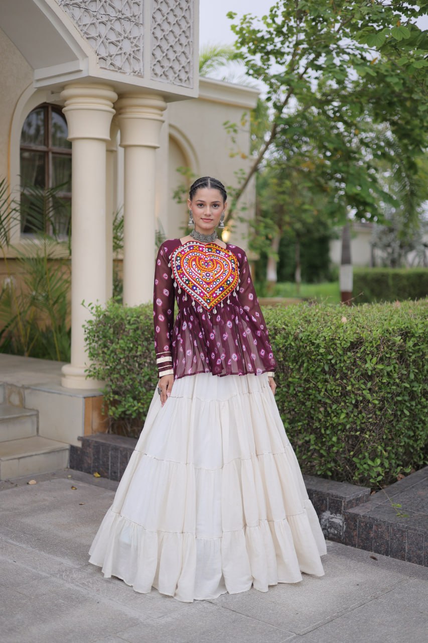 Charvi Purple Kora Cotton Bandhni Kutchi Gamthi Lehenga