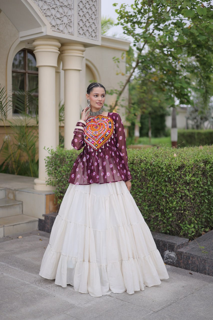 Charvi Purple Kora Cotton Bandhni Kutchi Gamthi Lehenga