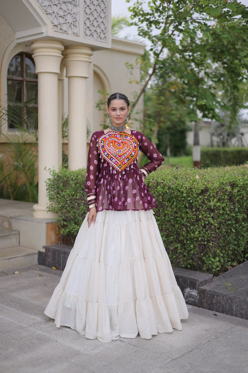 Charvi Purple Kora Cotton Bandhni Kutchi Gamthi Lehenga