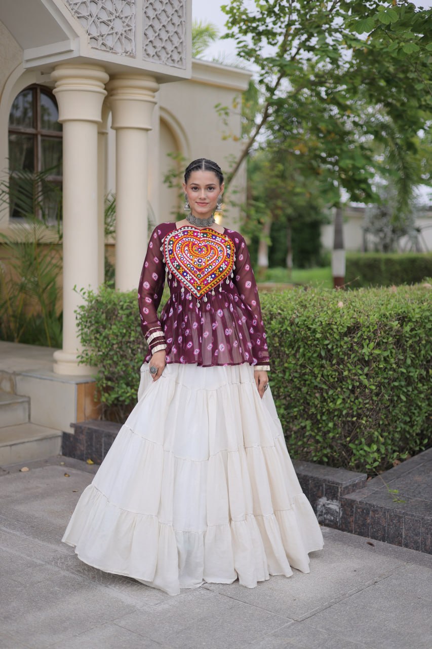 Charvi Purple Kora Cotton Bandhni Kutchi Gamthi Lehenga