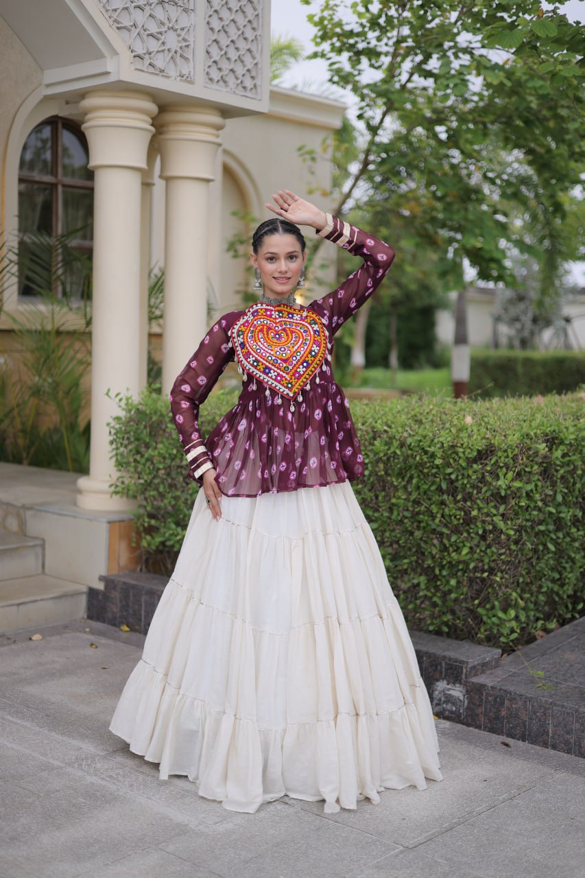 Charvi Purple Kora Cotton Bandhni Kutchi Gamthi Lehenga