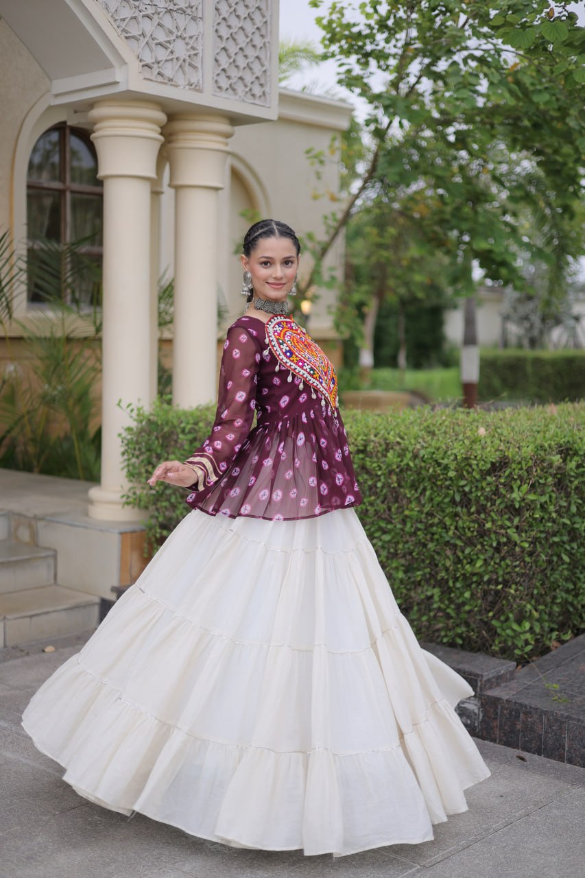 Charvi Purple Kora Cotton Bandhni Kutchi Gamthi Lehenga
