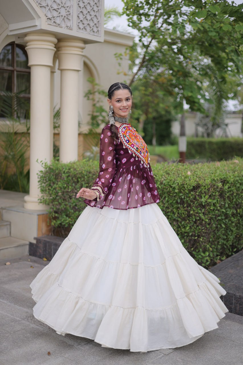 Charvi Purple Kora Cotton Bandhni Kutchi Gamthi Lehenga
