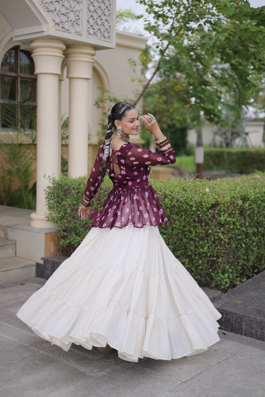 Charvi Purple Kora Cotton Bandhni Kutchi Gamthi Lehenga