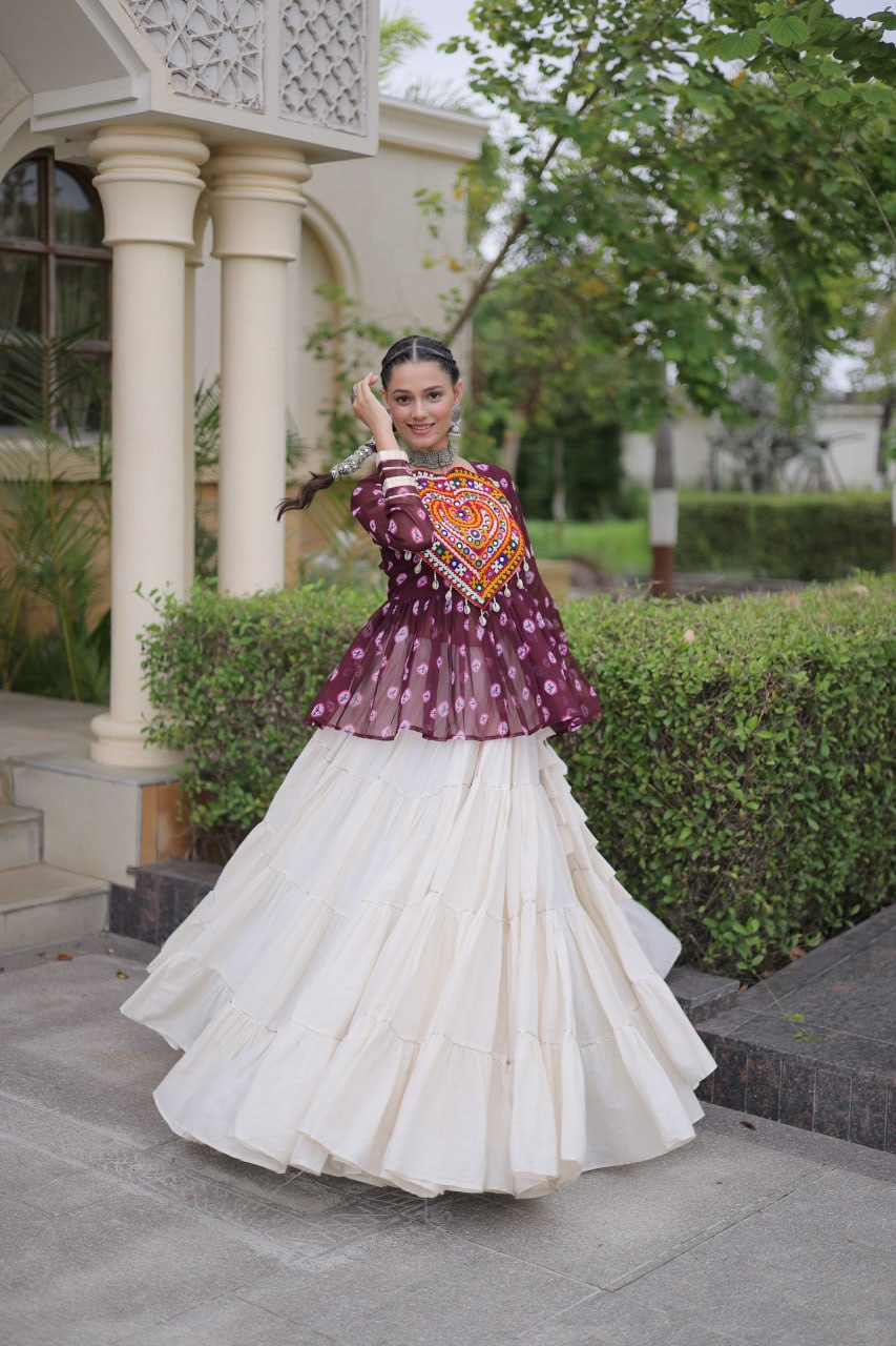 Charvi Purple Kora Cotton Bandhni Kutchi Gamthi Lehenga