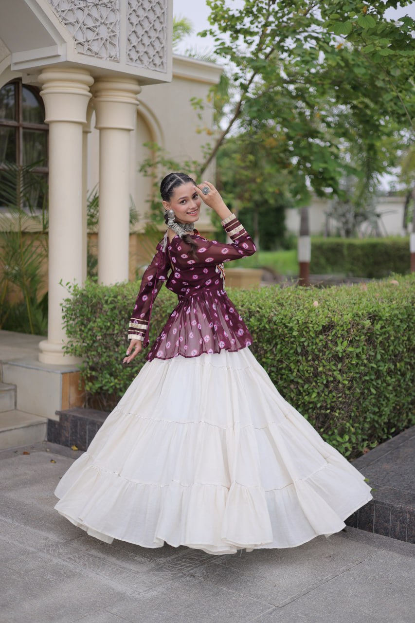 Charvi Purple Kora Cotton Bandhni Kutchi Gamthi Lehenga