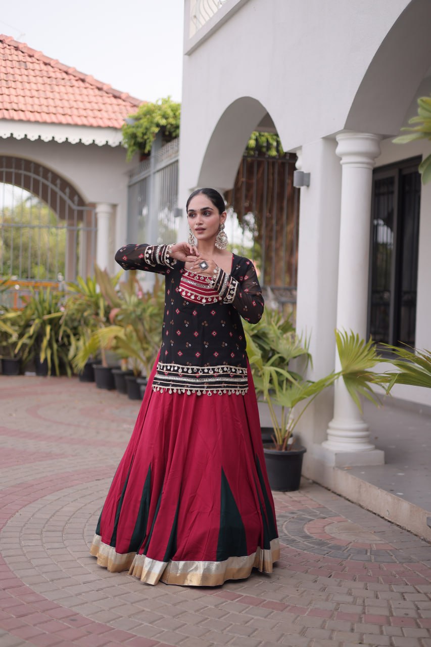Diksha Black Rayon Bandhni Kutchi Gamthi Lehenga