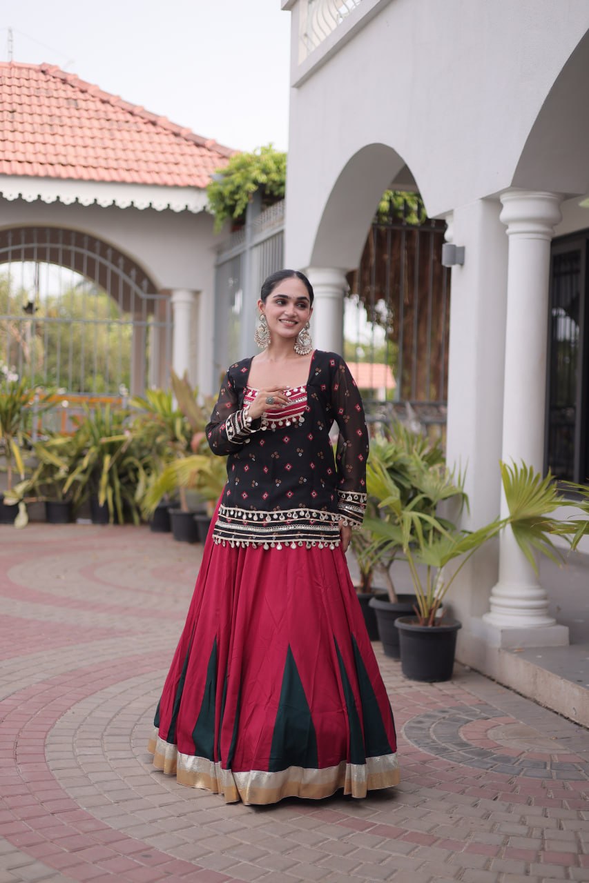 Diksha Black Rayon Bandhni Kutchi Gamthi Lehenga