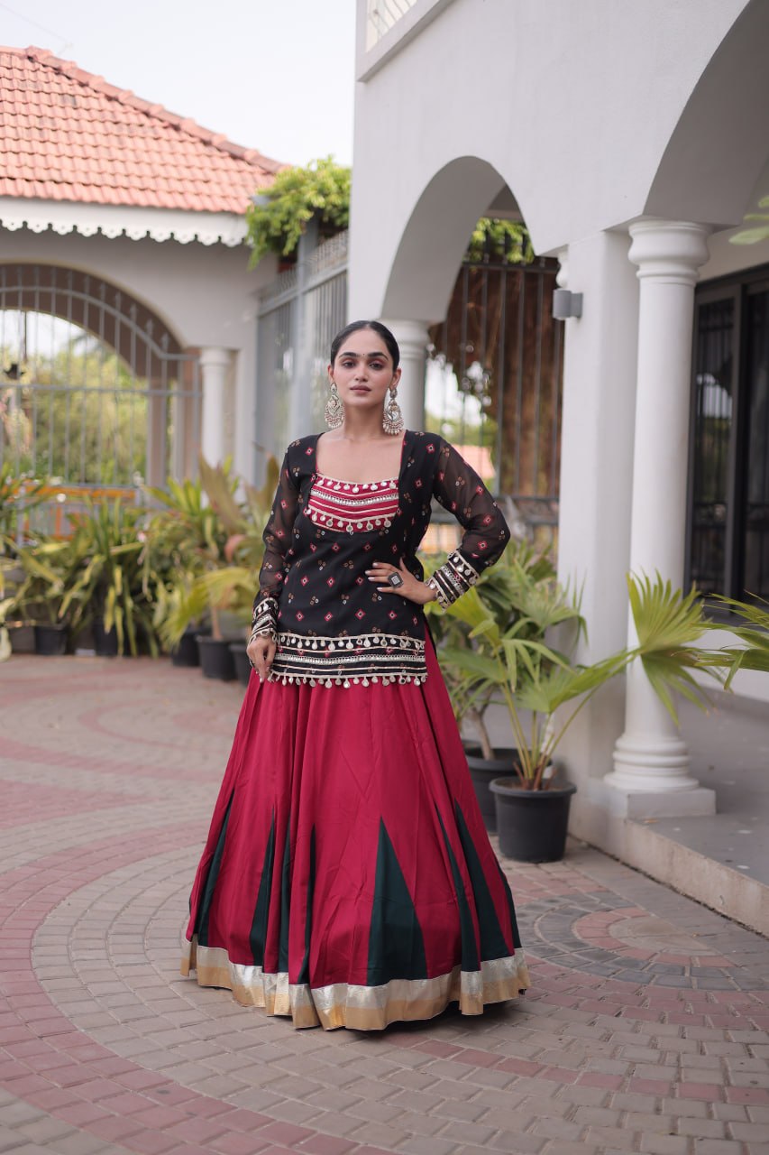 Diksha Black Rayon Bandhni Kutchi Gamthi Lehenga