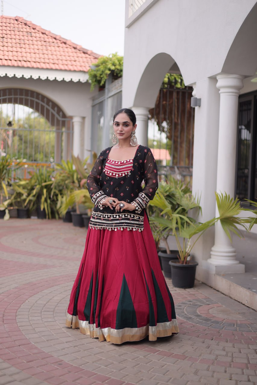 Diksha Black Rayon Bandhni Kutchi Gamthi Lehenga