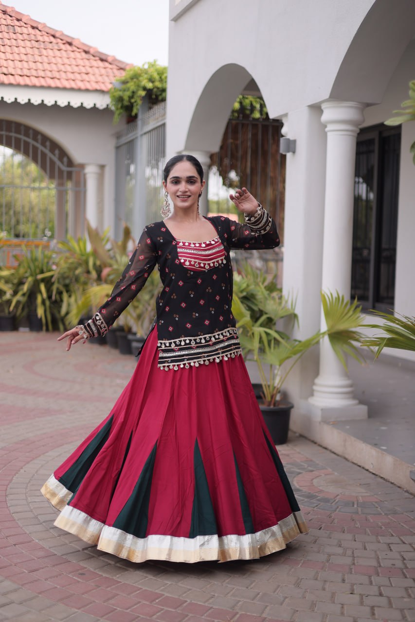 Diksha Black Rayon Bandhni Kutchi Gamthi Lehenga
