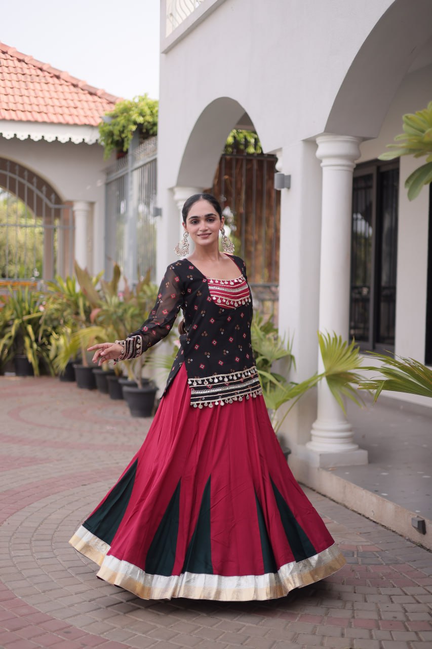 Diksha Black Rayon Bandhni Kutchi Gamthi Lehenga