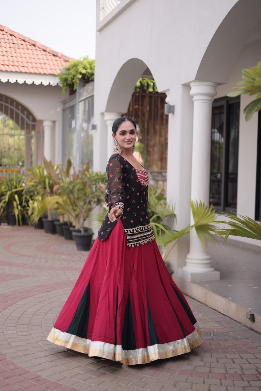 Diksha Black Rayon Bandhni Kutchi Gamthi Lehenga