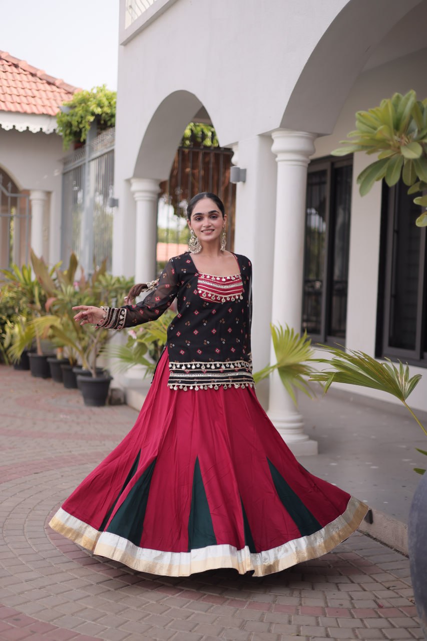 Diksha Black Rayon Bandhni Kutchi Gamthi Lehenga