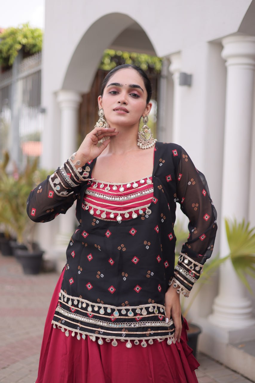 Diksha Black Rayon Bandhni Kutchi Gamthi Lehenga