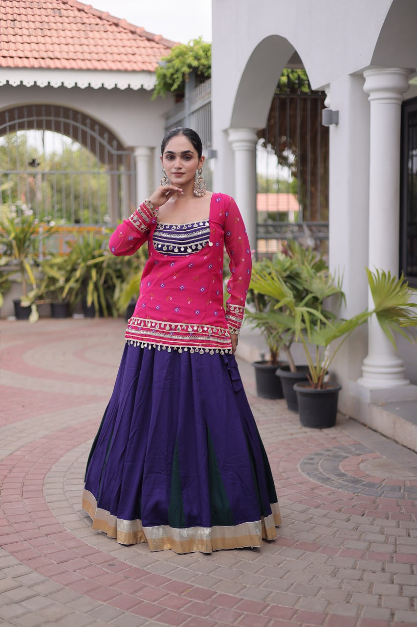 Diksha Pink Rayon Bandhni Kutchi Gamthi Lehenga