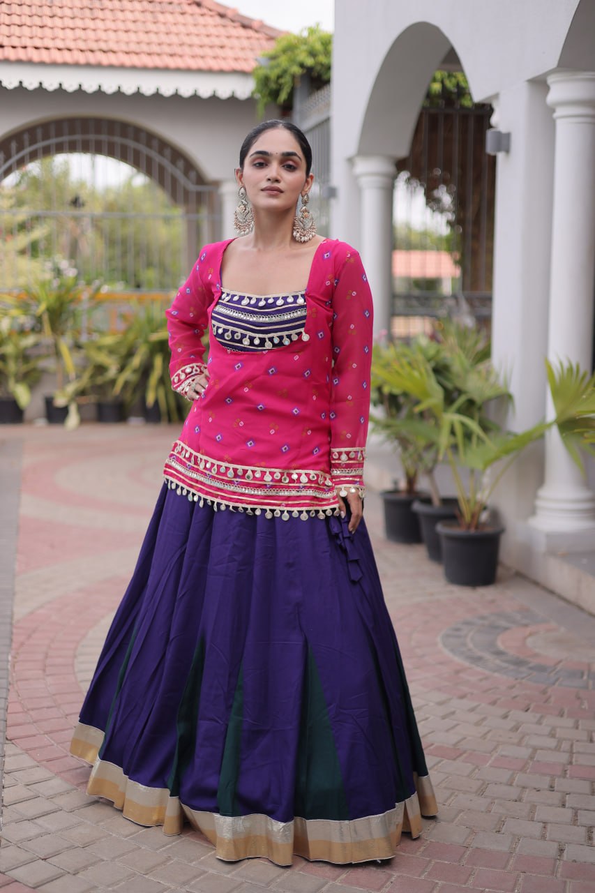 Diksha Pink Rayon Bandhni Kutchi Gamthi Lehenga