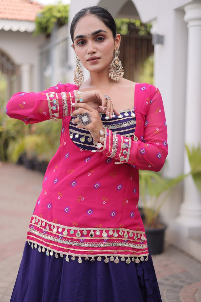 Diksha Pink Rayon Bandhni Kutchi Gamthi Lehenga
