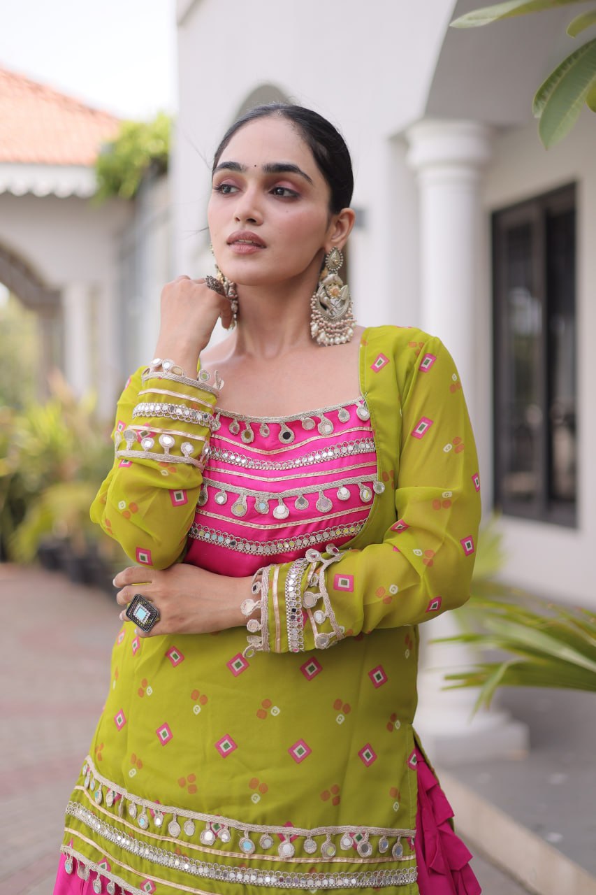 Diksha Yellow Rayon Bandhni Kutchi Gamthi Lehenga