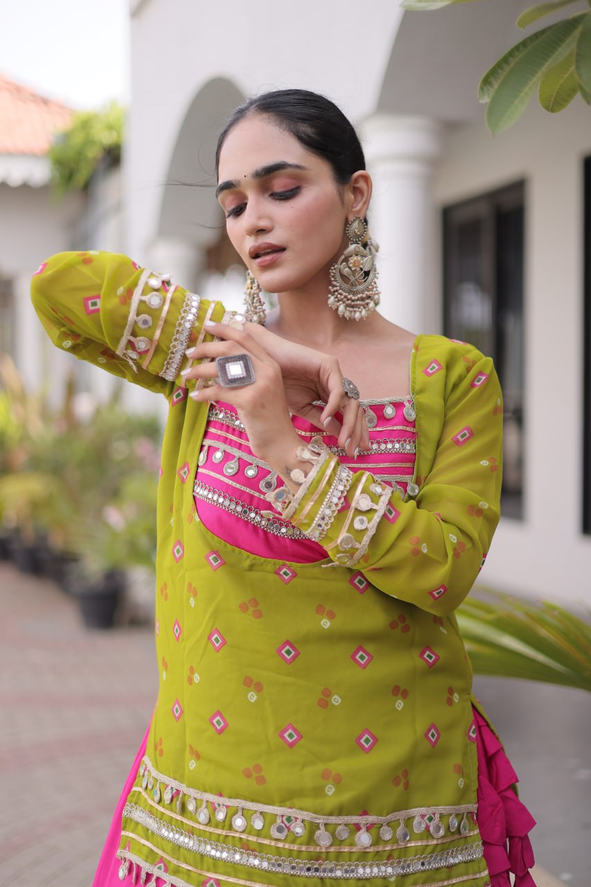 Diksha Yellow Rayon Bandhni Kutchi Gamthi Lehenga