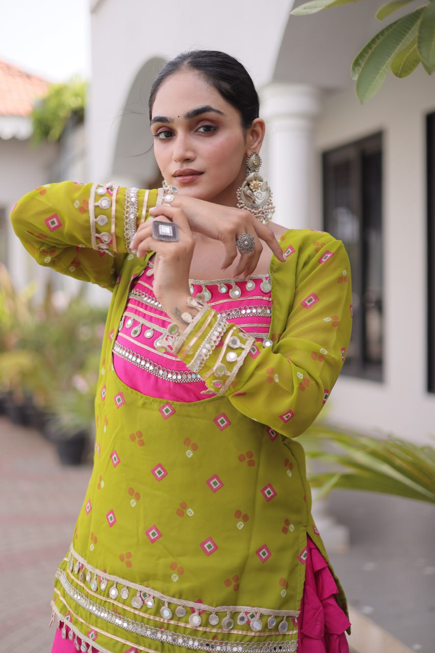 Diksha Yellow Rayon Bandhni Kutchi Gamthi Lehenga