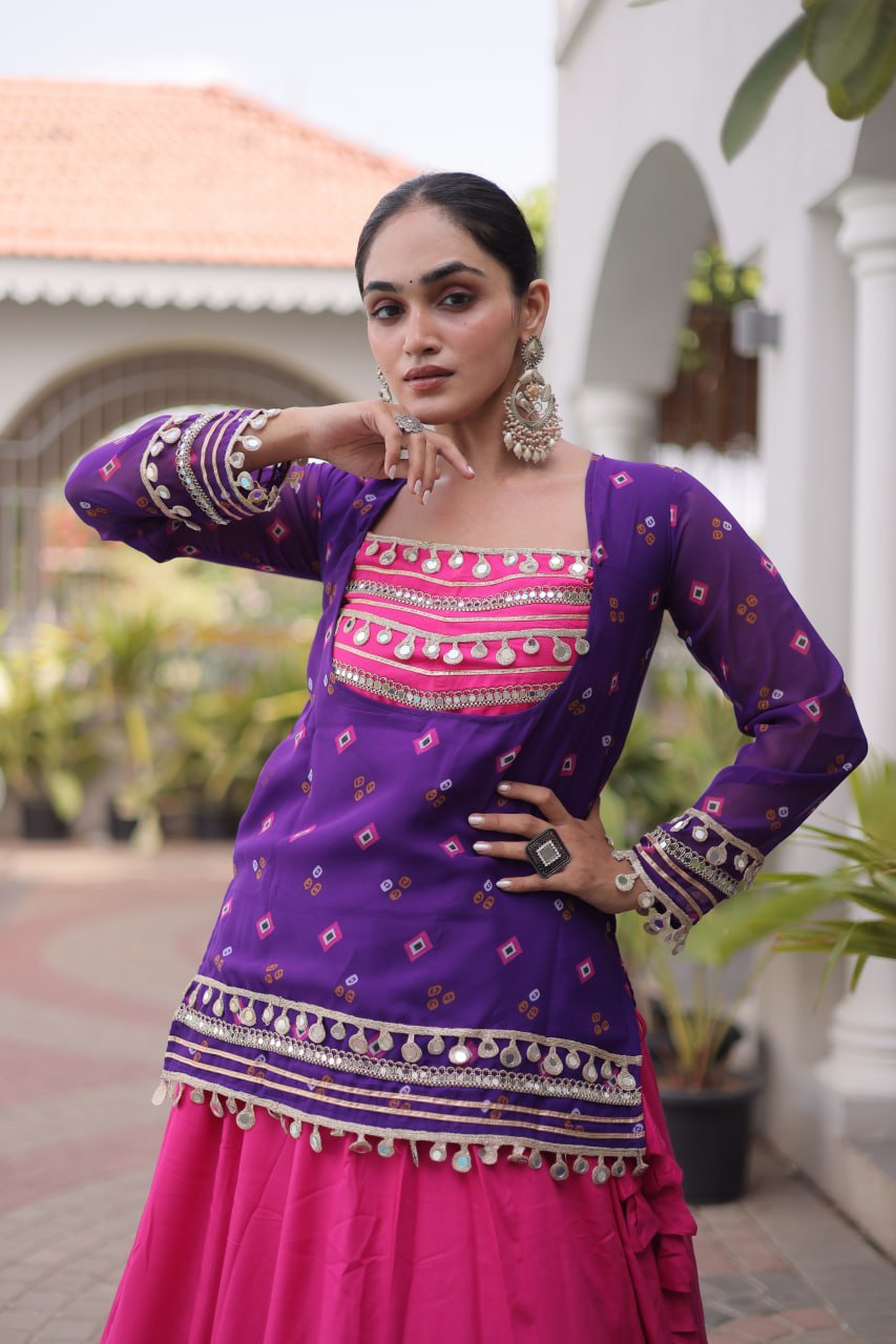 Diksha Purple Rayon Bandhni Kutchi Gamthi Lehenga