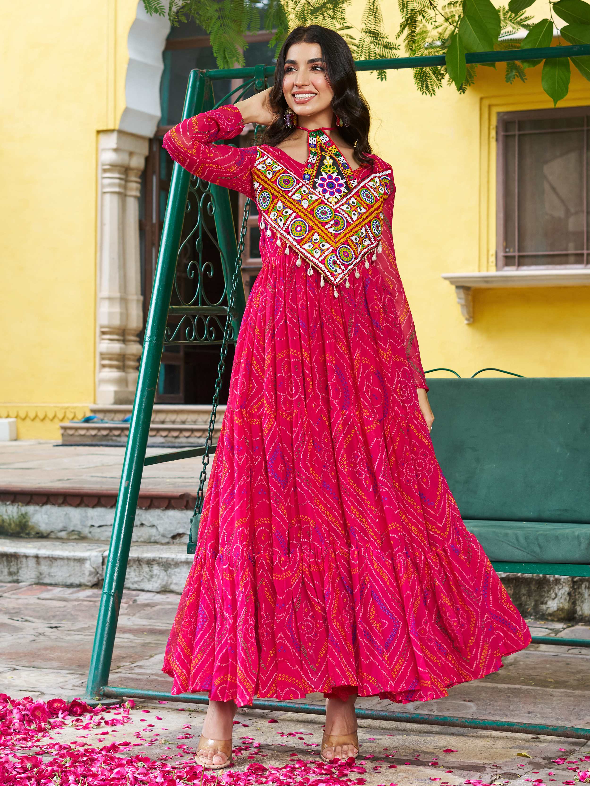 Pink Bandhani Print Georgette Kutchi Patchwork Flair Navratri Gown