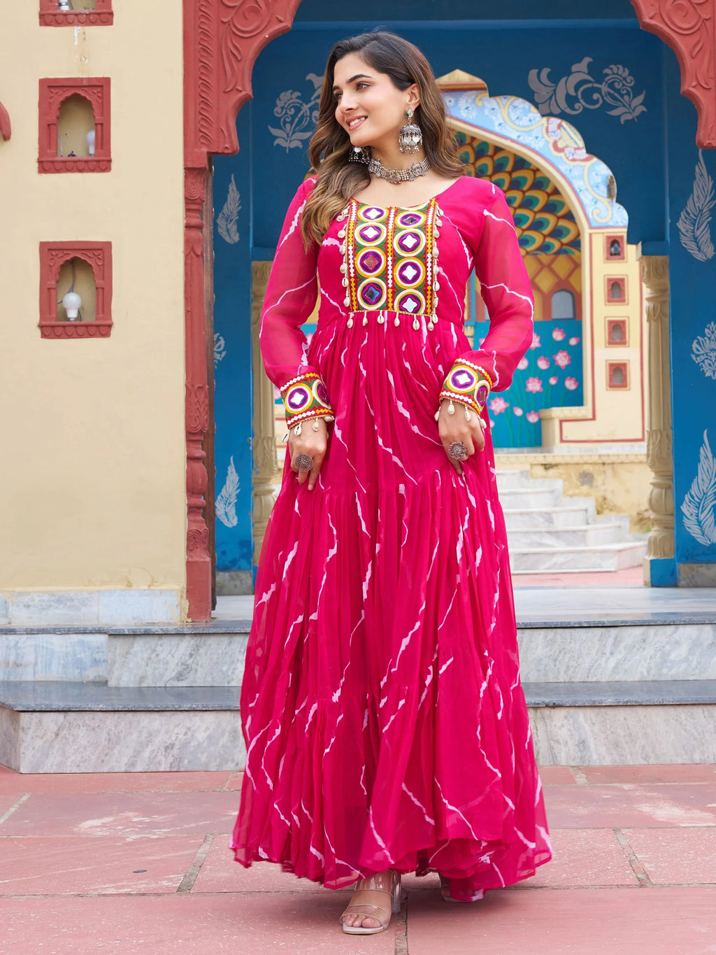 Pink Bandhani Print Georgette Kutchi Patchwork Navratri Gown