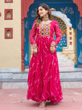 Pink Bandhani Print Georgette Kutchi Patchwork Navratri Gown