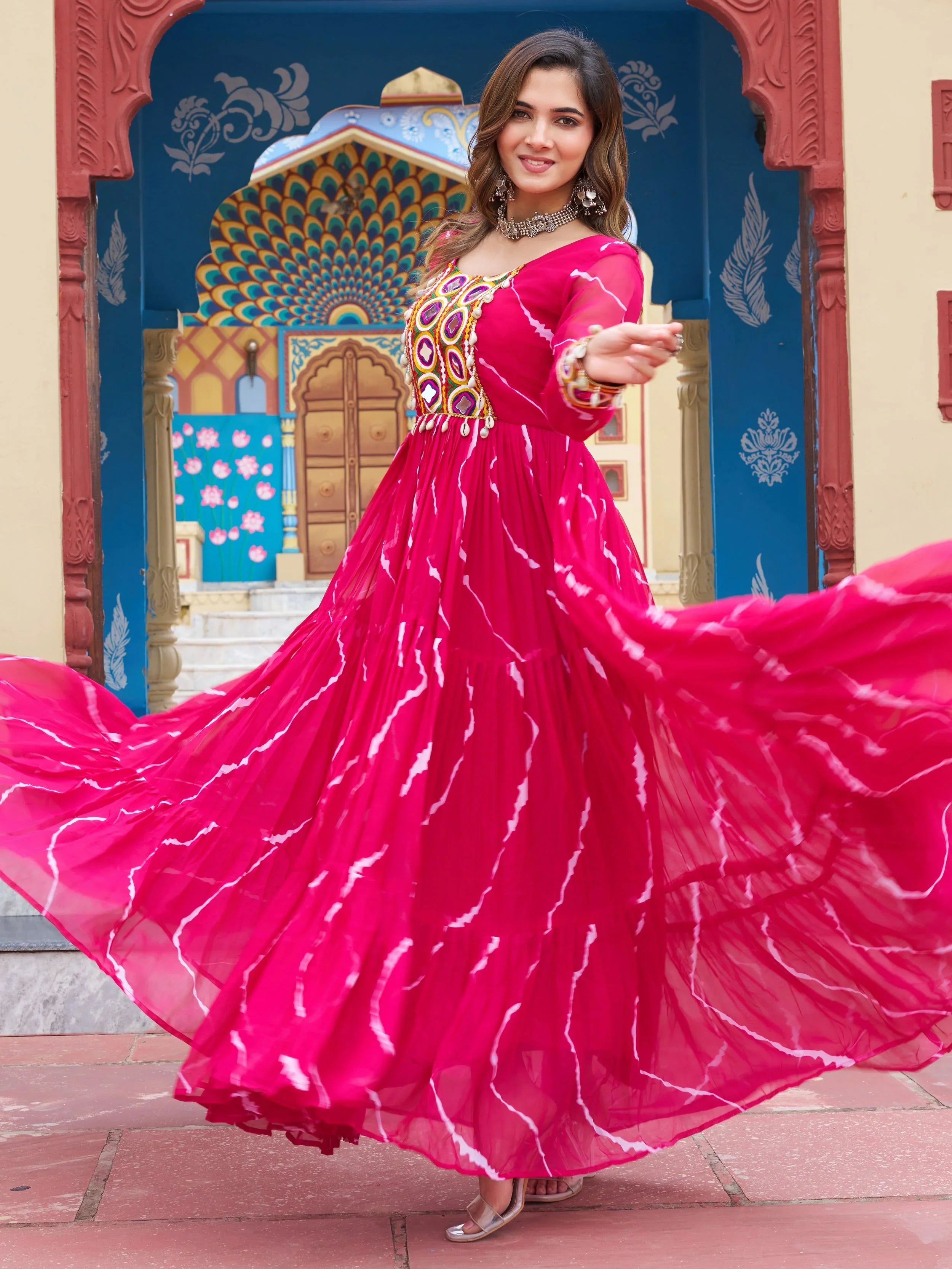 Pink Bandhani Print Georgette Kutchi Patchwork Navratri Gown