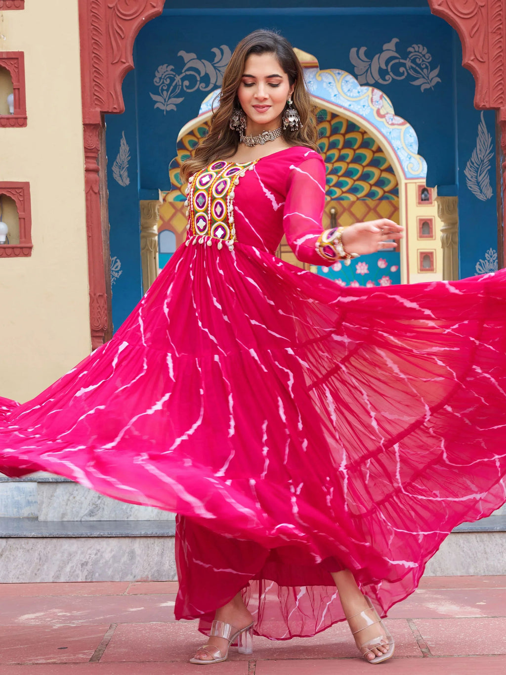 Pink Bandhani Print Georgette Kutchi Patchwork Navratri Gown