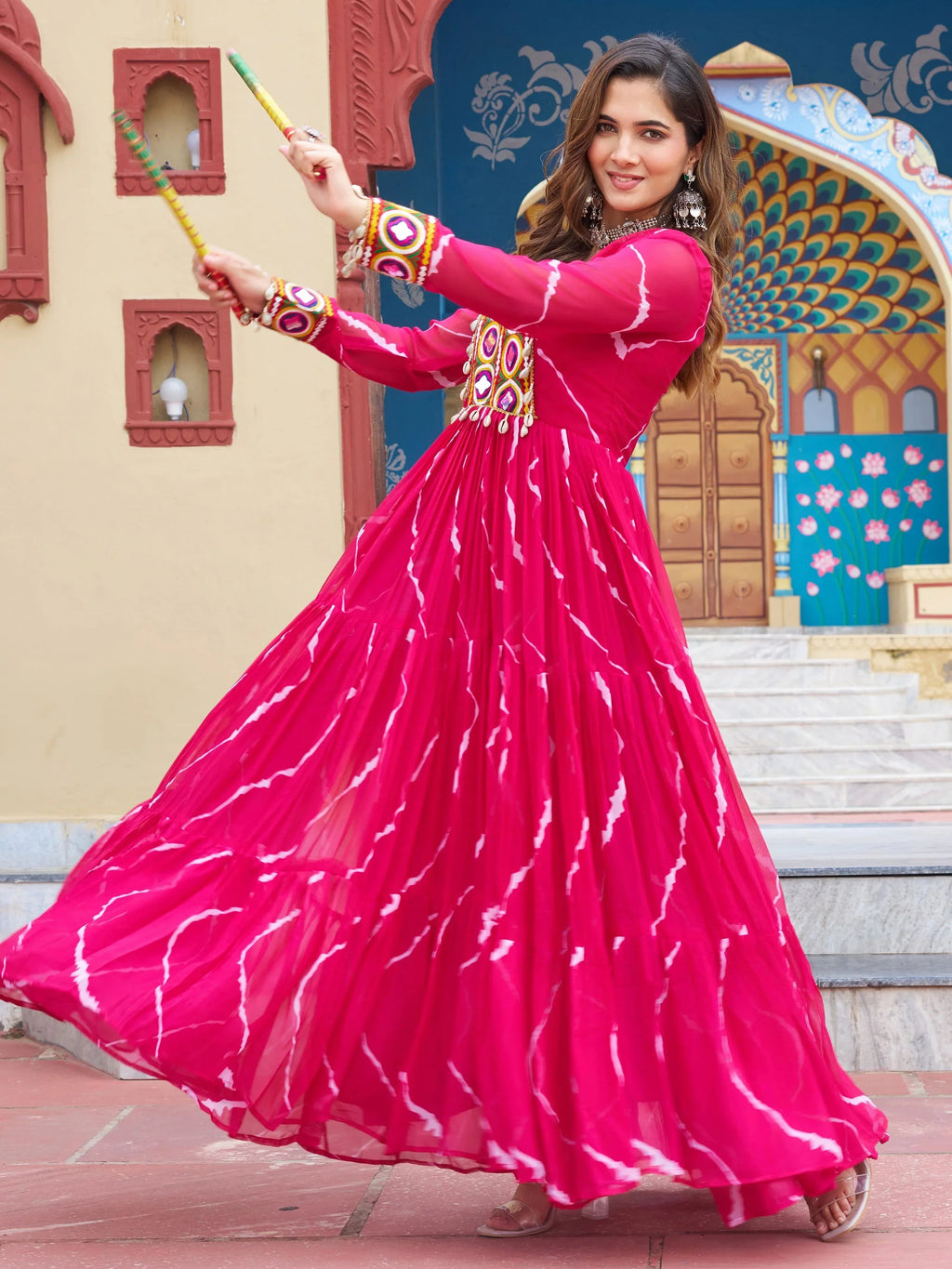 Pink Bandhani Print Georgette Kutchi Patchwork Navratri Gown