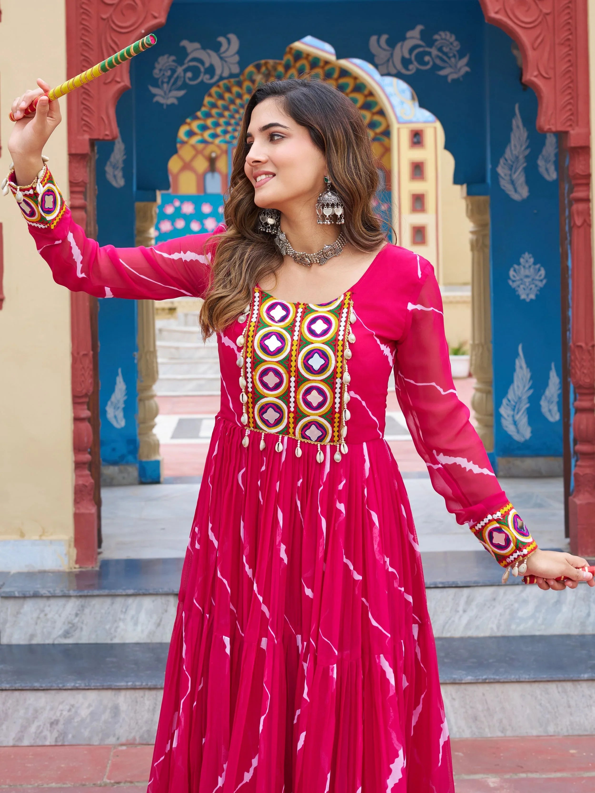 Pink Bandhani Print Georgette Kutchi Patchwork Navratri Gown