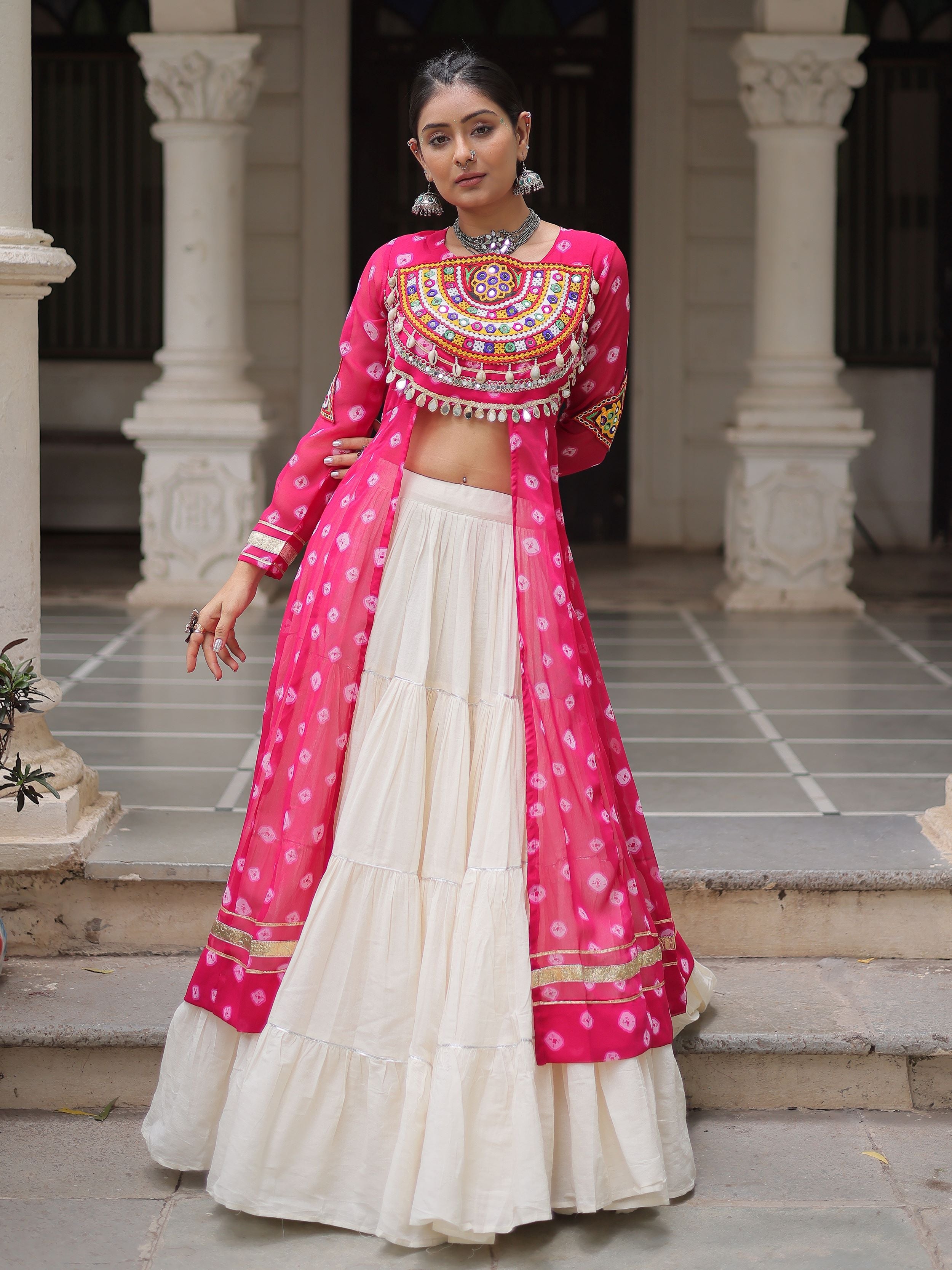 Pink Bandhani Print Kurti with Kutchi Patchwork Kora Cotton Lehenga