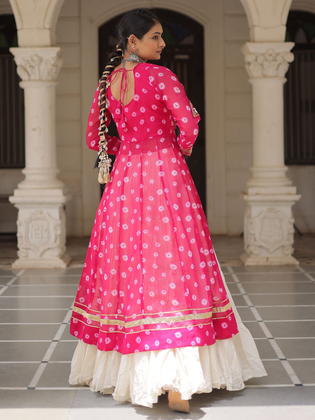 Pink Bandhani Print Kurti with Kutchi Patchwork Kora Cotton Lehenga