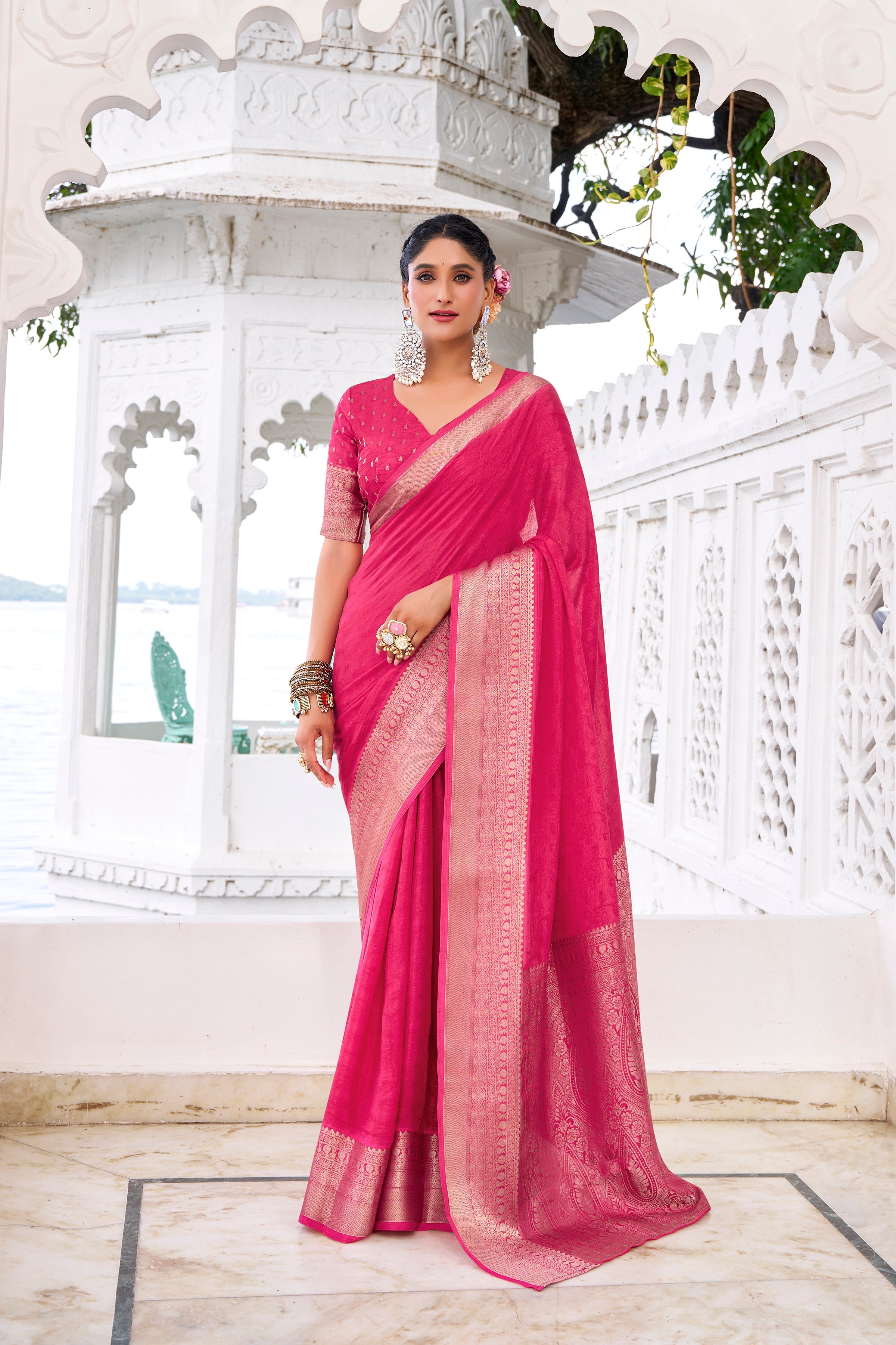 Pink Blue Color Chinon Self-Printed Zari Weaving Saree with Blouse