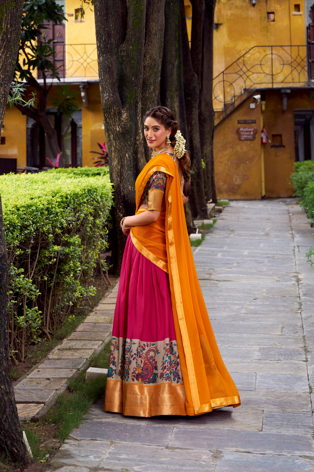 Avni Pink Color Aastha Silk Printed Zari Weaving Half Saree Lehenga